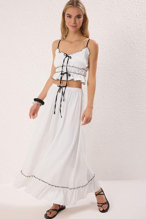 White Textured Ribbon Detailed Piping Beach Blouse Skirt Set