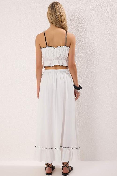 White Textured Ribbon Detailed Piping Beach Blouse Skirt Set
