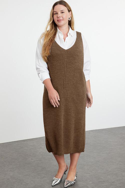 Gilet Midi Length Knit Dress - Brown