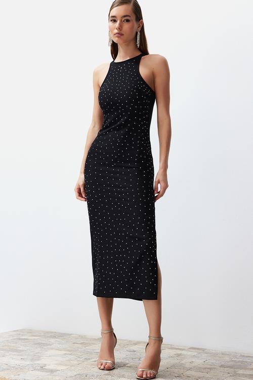 Embellished Fitted Evening Dress - Black
