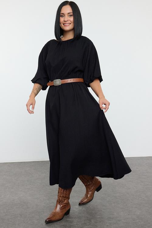 Plus Textured Balloon Sleeve Dress - Black