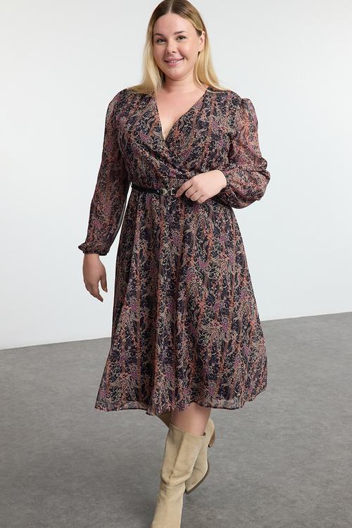 Floral Belted Chiffon Dress - Brown