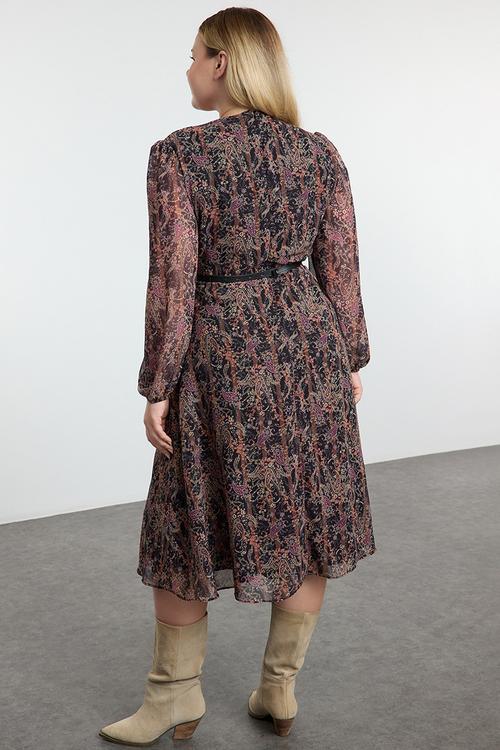 Floral Belted Chiffon Dress - Brown