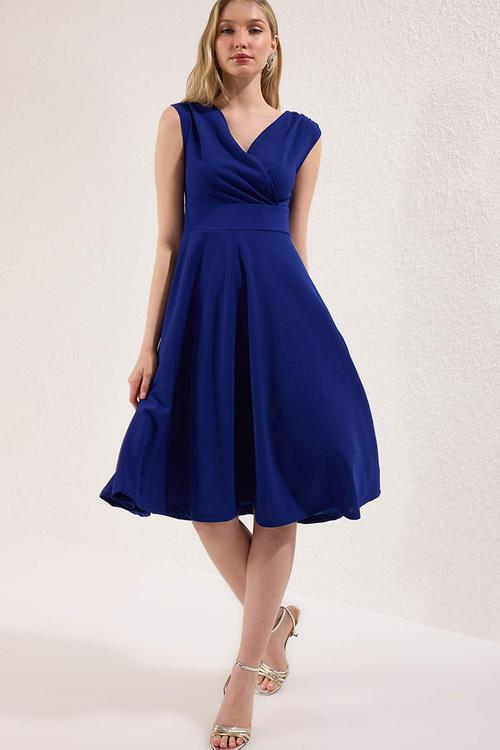 A-Line Woven Midi Evening Dress Night Graduation Dress - sax