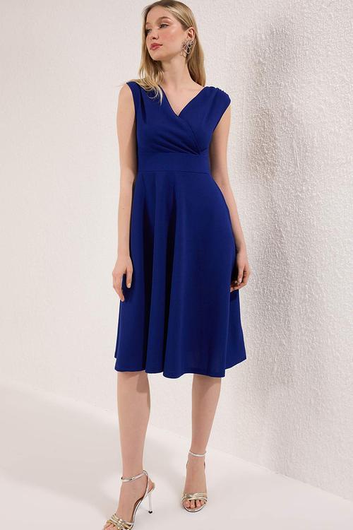 A-Line Woven Midi Evening Dress Night Graduation Dress - sax