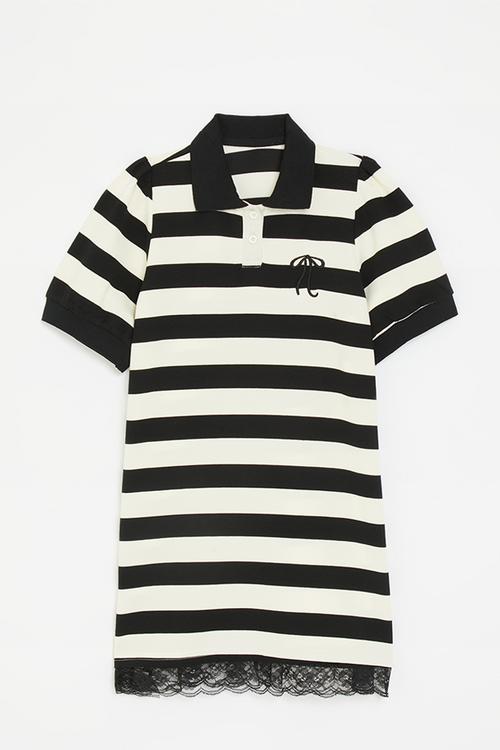 Lace hem golfer dress with embroidered bow - black/cream
