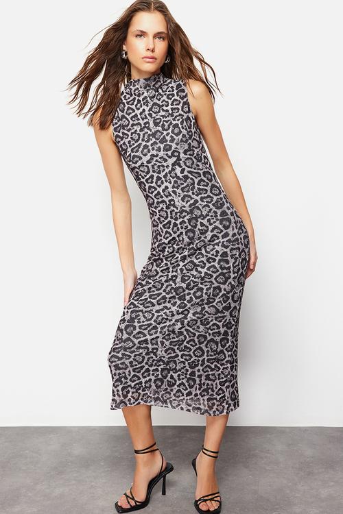 Textured Stand Collar Flexible Knitted Midi Pencil Dress - Anthracite