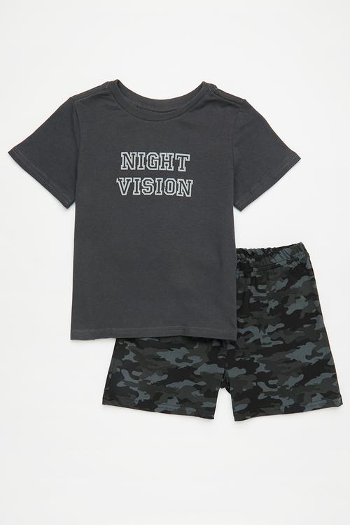 Slogan pj top with printed shorts - grey/night vision/camo