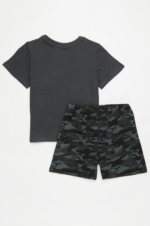 Slogan pj top with printed shorts - grey/night vision/camo