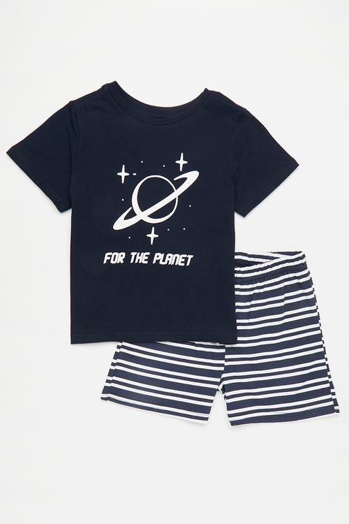Graphic print pj top with striped shorts - black/for the planet/navy