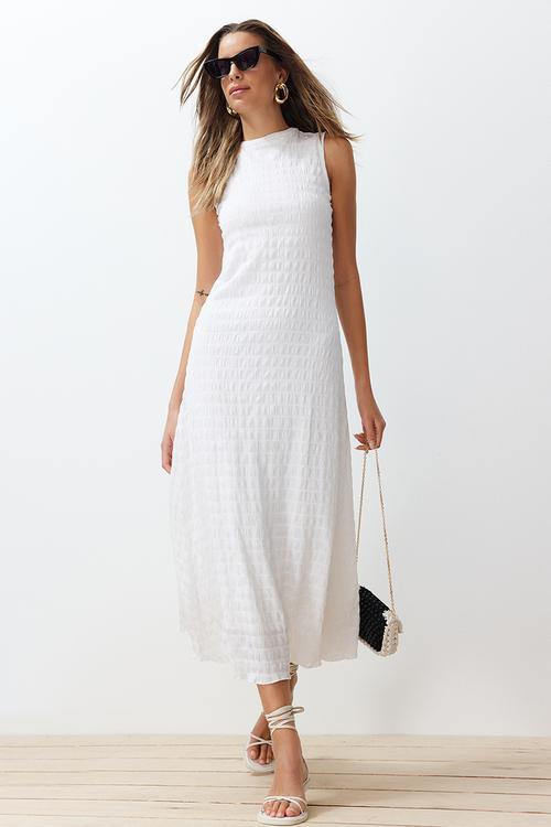 Plain Textured Crew Neck  Maxi Dress - White