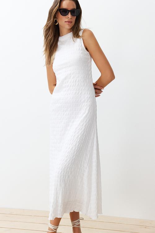 Plain Textured Crew Neck  Maxi Dress - White