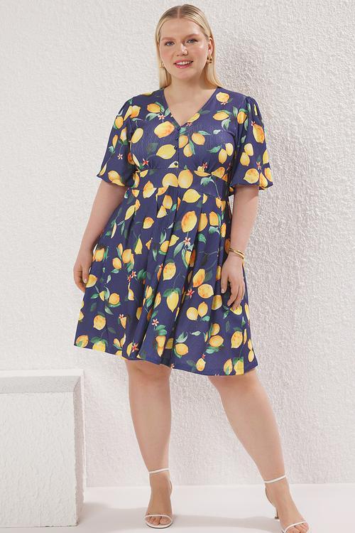 V neck balloon sleeve lemon patterned knitted plus size dress - navy blue