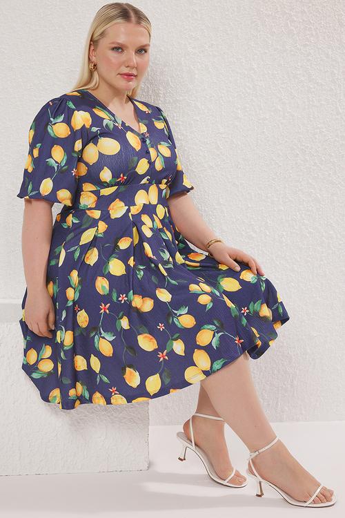 V neck balloon sleeve lemon patterned knitted plus size dress - navy blue
