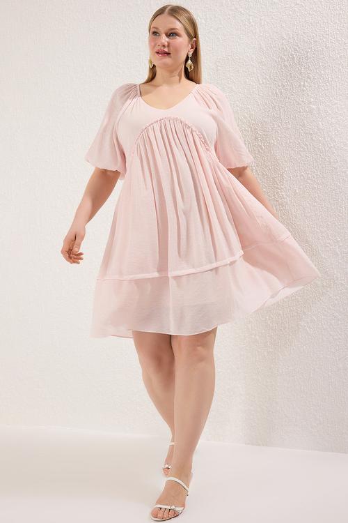 Balloon sleeve crinkle mini woven plus size dress - pink