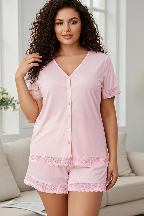 Dusty Rose V Neck Lace Viscose Shorts Knitted Pajama Set - pink