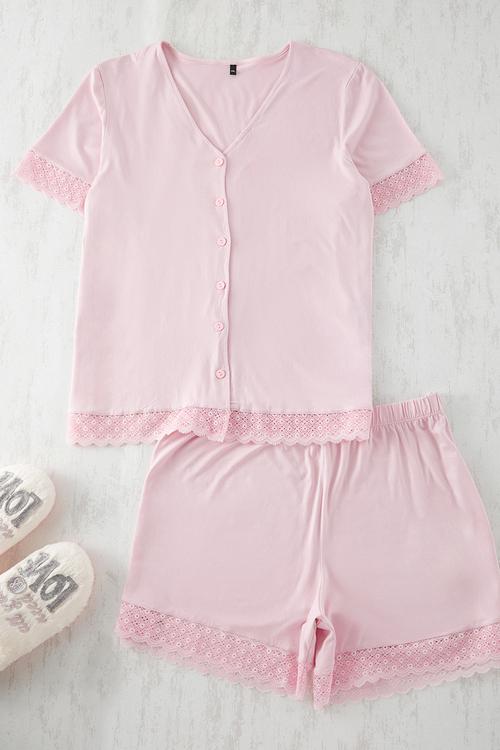 Dusty Rose V Neck Lace Viscose Shorts Knitted Pajama Set - pink