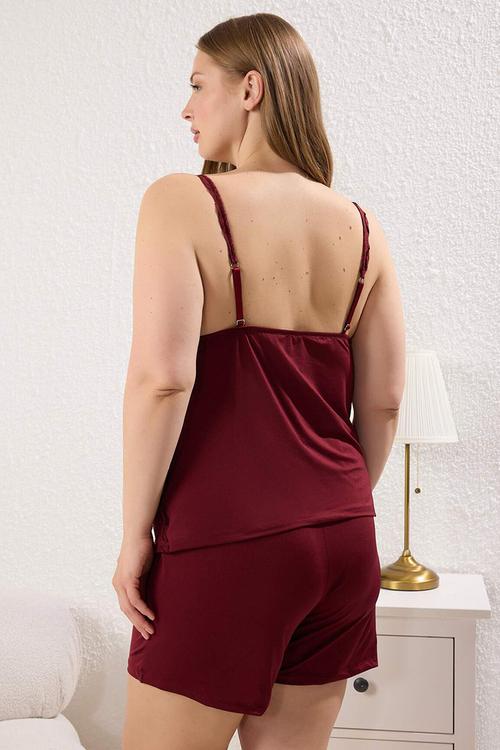 Plum V Neck Lace Knitted Pajama Set - red