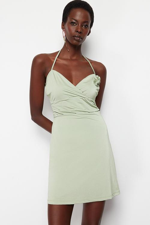 Floral Detailed Knitted Mini Evening Dress - Light green