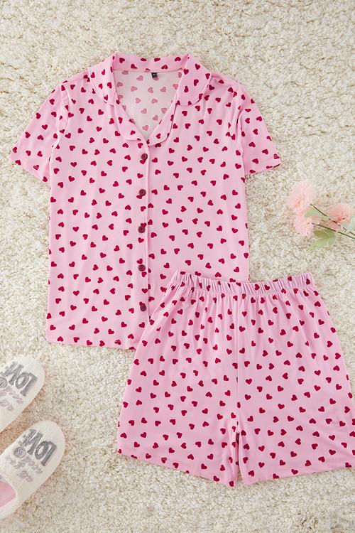 Heart Patterned Strawberry Patterned Milan Knitted Pajama Set - pink