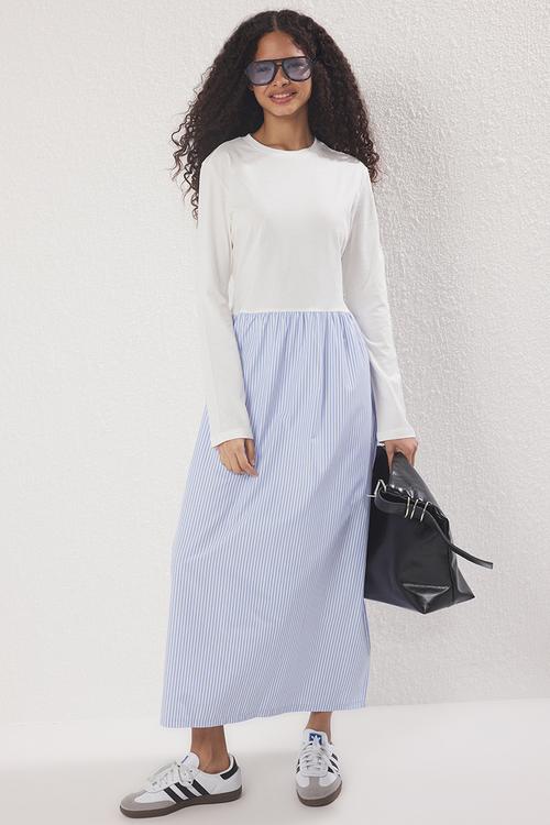 Striped Woven Fabric Skirted Jersey Knit Dress - Blue