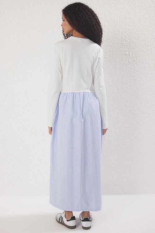 Striped Woven Fabric Skirted Jersey Knit Dress - Blue