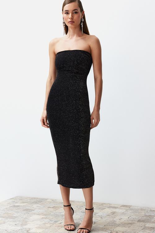 Bodycon Lined Sparkly Glitter Knitted Elegant Evening Night Graduation Dress - Black