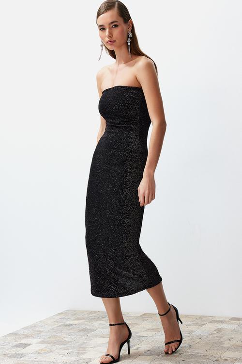 Bodycon Lined Sparkly Glitter Knitted Elegant Evening Night Graduation Dress - Black