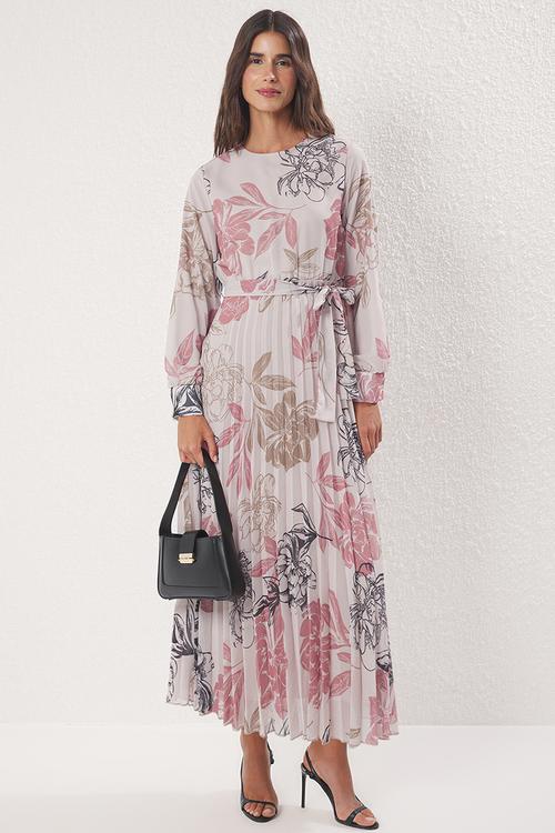 Large Floral Belted Lined Pleated Chiffon Woven Dress - Powder