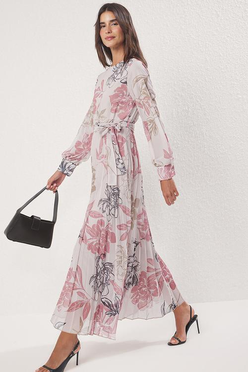 Large Floral Belted Lined Pleated Chiffon Woven Dress - Powder