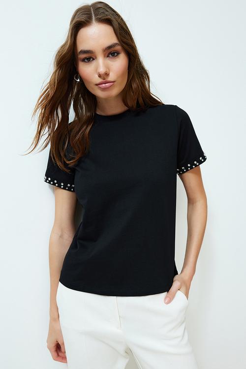 Stone accessory detailed regular pattern knitted T-shirt - black