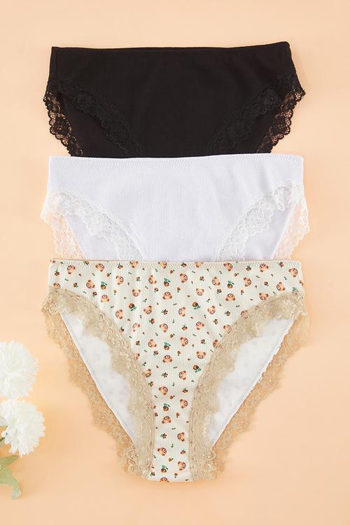 3 Pack teddy bear ribbed lace classic knitted panties - multi