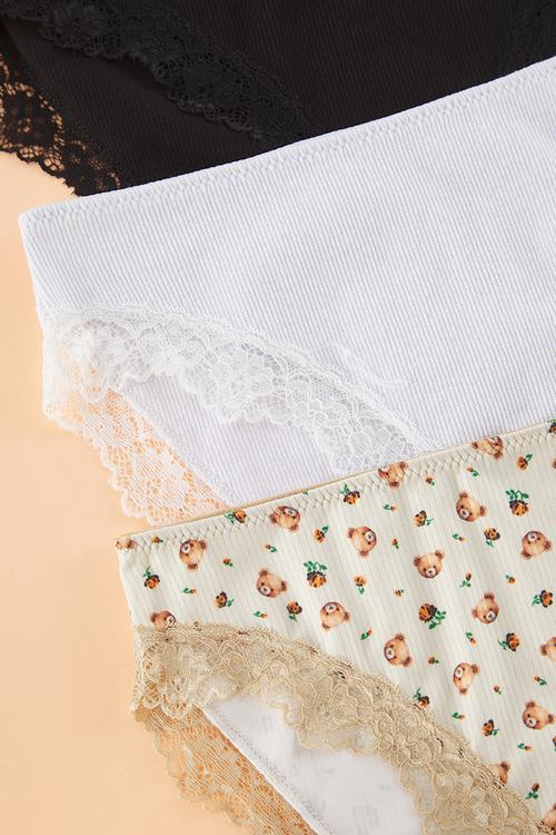 3 Pack teddy bear ribbed lace classic knitted panties - multi