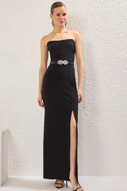 Strapless belted woven long elegant evening night graduation dress - black