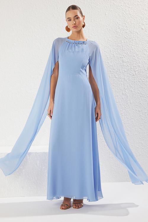 Blue accessory detailed lined flighty chiffon long elegant evening graduation dress - light blue