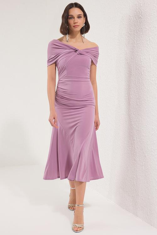 Asymmetrical Collar Knitted Elegant Evening Night Graduation Dress - Pink