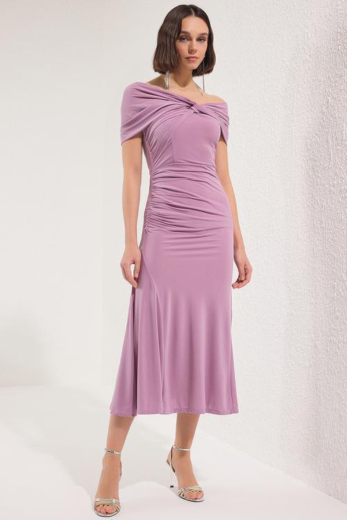 Asymmetrical Collar Knitted Elegant Evening Night Graduation Dress - Pink