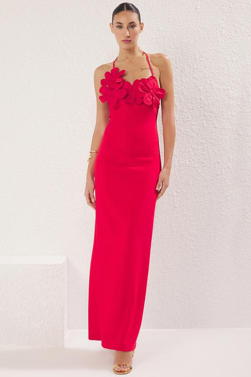 Rose detailed woven long elegant evening night graduation dress - red