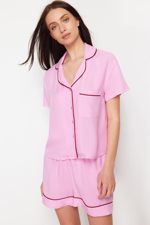 Pink Piping Detail Woven Pajama Set with Viscose Shorts