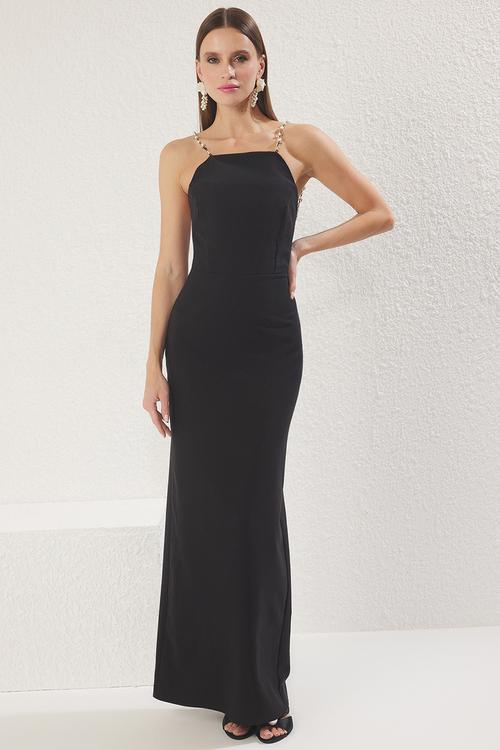Pearl woven long elegant evening night graduation dress - black