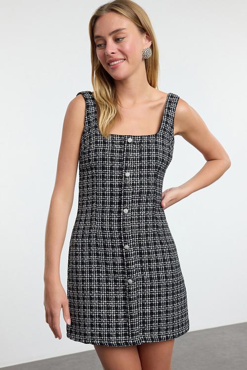 Tweed Woven Short Evening Prom Dress - Black
