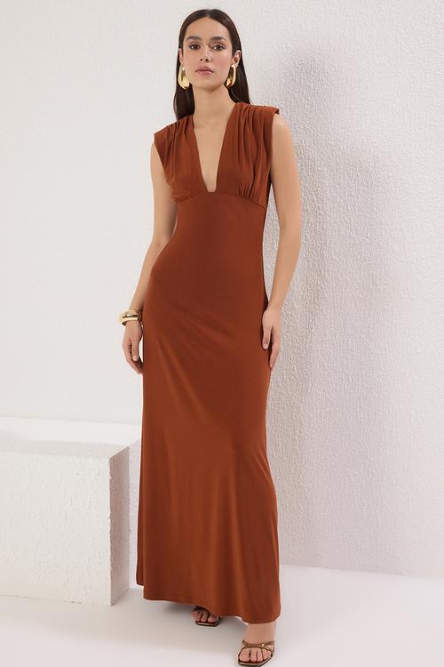 V neck knitted long elegant evening night graduation dress - cinnamon