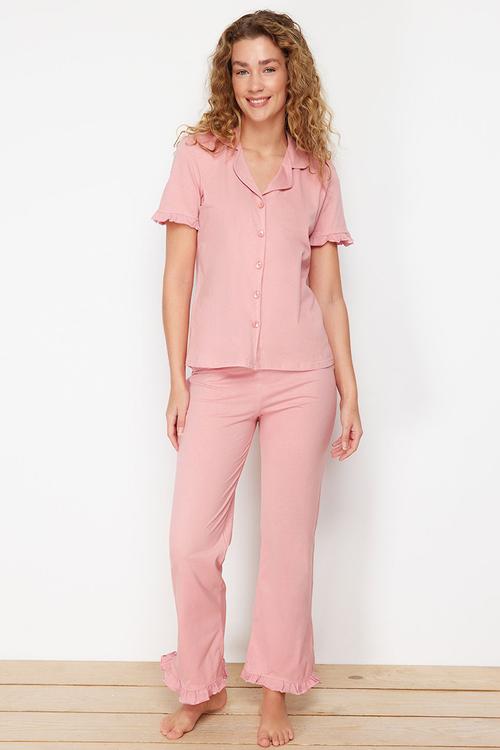 Dusty Rose 100% Cotton Ruffle Detailed Knitted Pajama Set