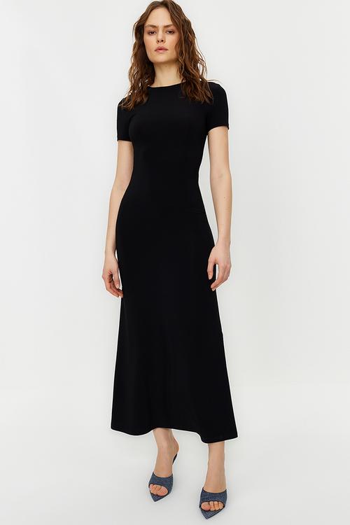 Short sleeve bodycone/fitting crew neck stretchy knitted maxi pencil dress - black