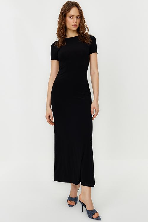 Short sleeve bodycone/fitting crew neck stretchy knitted maxi pencil dress - black