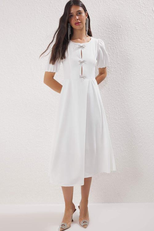 A-line bow lined knitted stylish dress - white