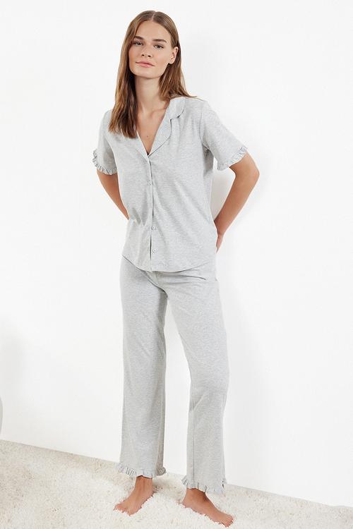 Ruffle Detailed Knitted Pajama Set - Grey Melange 
