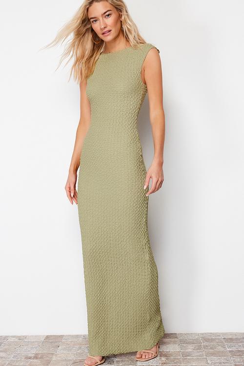 Textured fabric fitted moon sleeve stretchy knitted midi pencil dress - khaki