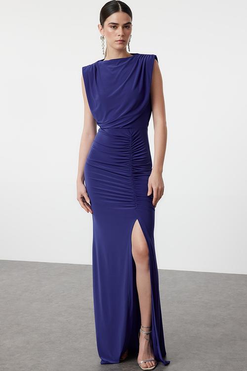 Fitted Draped Woven Long Elegant Evening Dress - sax