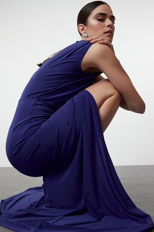 Fitted Draped Woven Long Elegant Evening Dress - sax